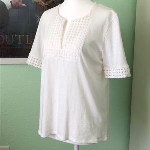 J. Crew White V-Neck Embroidered Tee